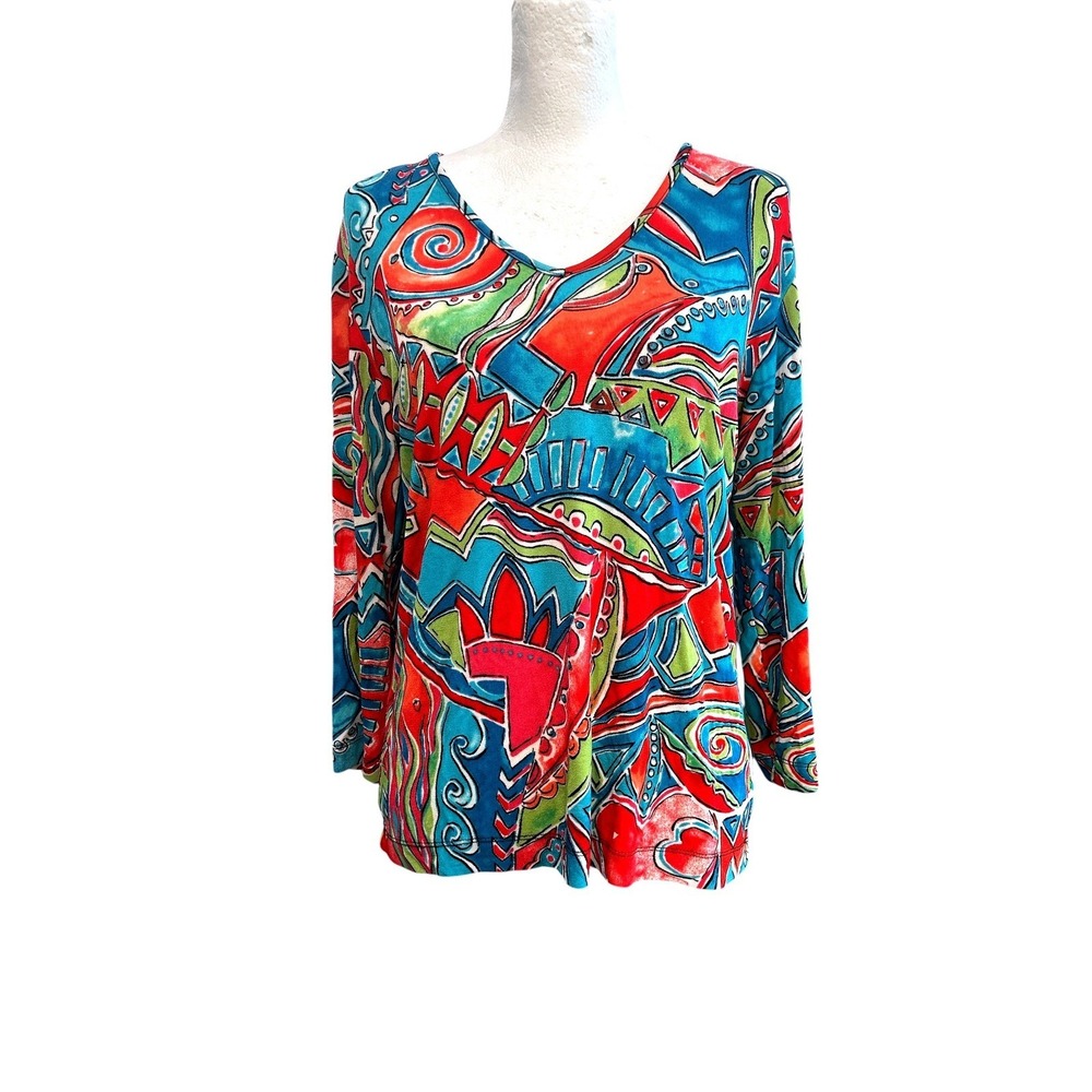 Additions by Chicos Womens Size 1 Abstract Art V-Neck‎ Long Sleeve Top Red Blue
